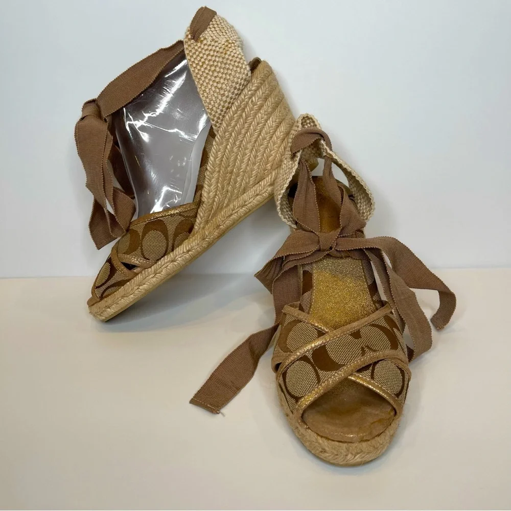 Coach wedges in neutral color. Brown lace up Sandals Sz 9 - Picture 1 of 11